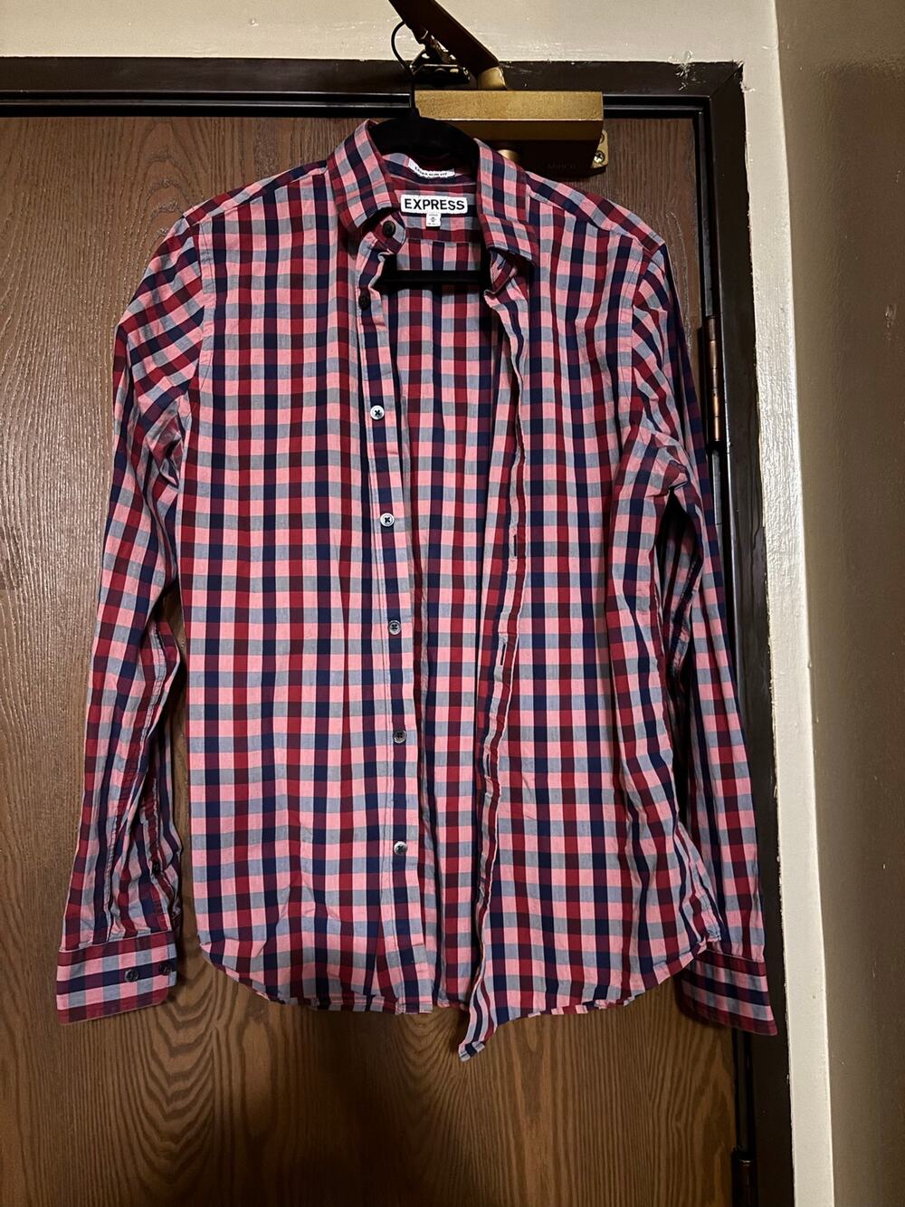 Express Red/ Blue Checkered Plaid Work Office Long-Sleeve Button-Down Shirt
